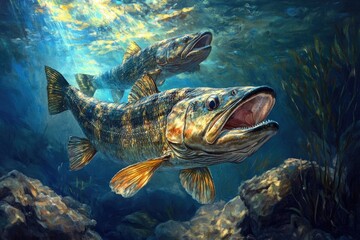 Fototapeta premium Muskellunge Angling: Common Canada Aquatic Fish with European Fin