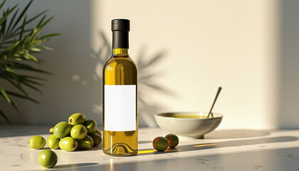 Obraz premium Olive oil bottle mockup, Blank label olive oil bottle with bowl of green olives