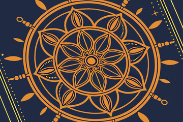41 Intricate mandala design, golden and orange hues, deep blue background, symmetrical patterns, ornate details, geometric shapes, radial composition, sacred geometry, spiritual artwork, metallic acce
