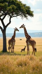 Obraz premium Three giraffes graze peacefully in Kenya's savanna , wildlife photography, spotted