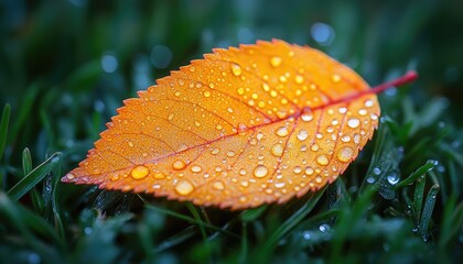 A vibrant autumn leaf covered in water droplets sits