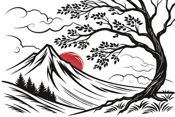 42 Abstract landscape, ink splash, mountain peak, dynamic brushstrokes, monochromatic palette, red accent, textured canvas, dramatic composition, Japanese-inspired art, stormy atmosphere, ethereal mis © Manik Mia