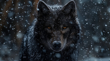 Naklejka premium A hyper-realistic wolf with thick, detailed fur, standing in the middle of a fierce snowstorm.