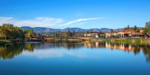 Napa River Cityscape: Urban Architecture and Bridge Overlooking California Waterfront