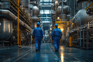 Two workers in blue suits walking through a large factory.
