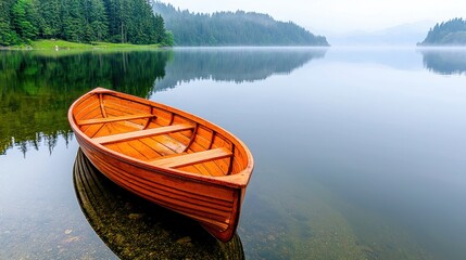 A serene wooden rowboat rests gently on the tranquil surface of a fog-covered lake, reflecting the misty mountains and lush green forests in its still waters creating a picturesque