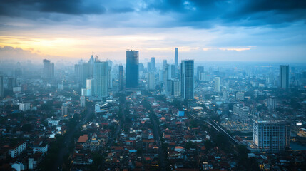 Obraz premium A dense and towering cityscape of Jakarta, Indonesia, offering an insightful portrait of urbanization