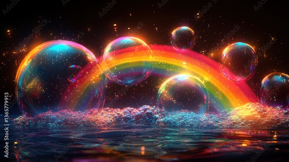 Aufkleber sparkling rainbow arch over colorful soap bubbles floating on water.