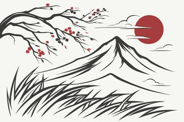 42 Abstract landscape, ink splash, mountain peak, dynamic brushstrokes, monochromatic palette, red accent, textured canvas, dramatic composition, Japanese-inspired art, stormy atmosphere, ethereal mis © Manik Mia