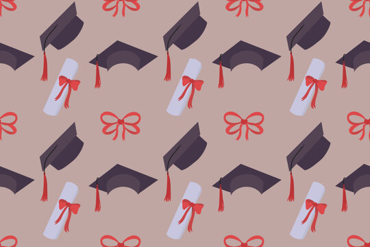Graduation cap and diploma scroll seamless backdrop. Vector template for fabric, textile, wallpaper, wrapping paper