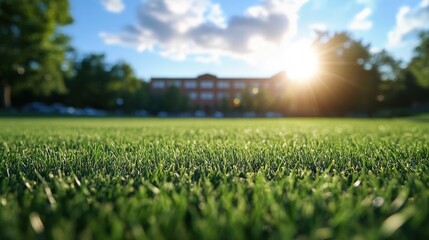 Sunlight glimmers on lush green grass as the day fades into a serene evening in a vibrant park setting Generative AI
