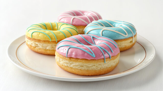 The donuts are lush with colored icing, on a white background