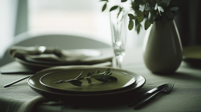 Elegant Table Setting. An elegantly set dining table features olive-toned plates, linen, cutlery, and a vase with eucalyptus, bathed in soft, natural light.