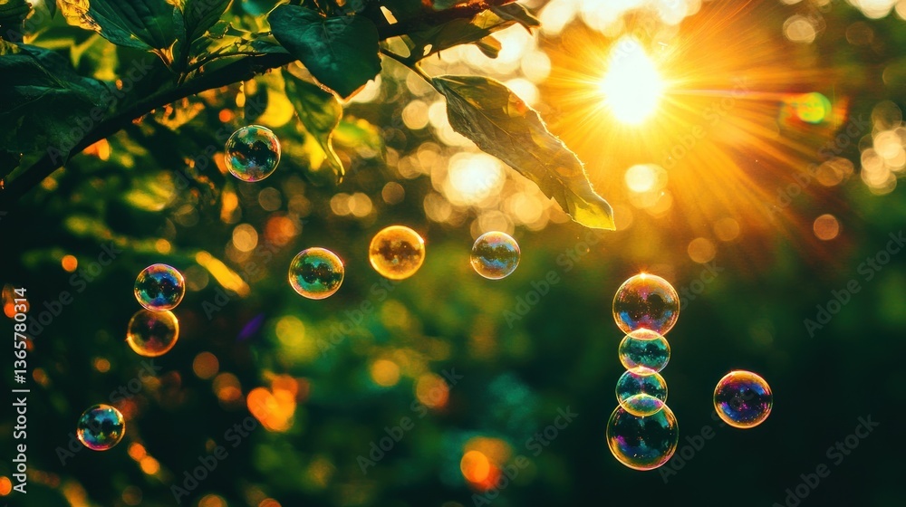 Poster Sparkling soap bubbles float in sunlit garden, leaves bokeh background.