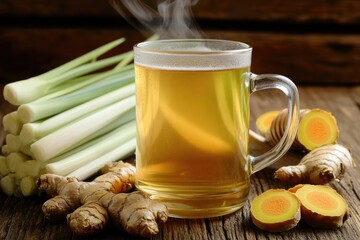 A warm mug of herbal tea with various fresh ingredients