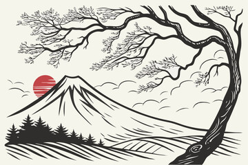 42 Abstract landscape, ink splash, mountain peak, dynamic brushstrokes, monochromatic palette, red accent, textured canvas, dramatic composition, Japanese-inspired art, stormy atmosphere, ethereal mis © Manik Mia