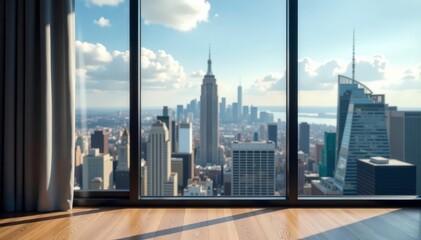 Blurred cityscape viewed from window, empty room, lonely, detached, interior view