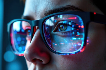 Glasses with anti-glare lenses, reflection of the digital vision diagnostic interface in the lenses, futuristic style