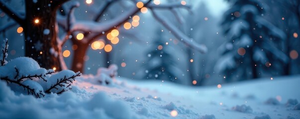 Soft-focus snowy landscape, twinkling lights, falling snowflakes , empty, background