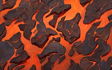 Molten lava flows between dark cooled chunks of volcanic rock