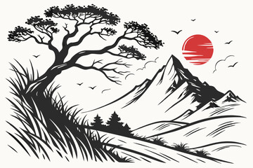 42 Abstract landscape, ink splash, mountain peak, dynamic brushstrokes, monochromatic palette, red accent, textured canvas, dramatic composition, Japanese-inspired art, stormy atmosphere, ethereal mis © Manik Mia