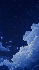Fototapeta premium Dreamy nightscape with fluffy clouds, stars, and planets. Perfect for backgrounds, phone wallpapers, and artistic projects.