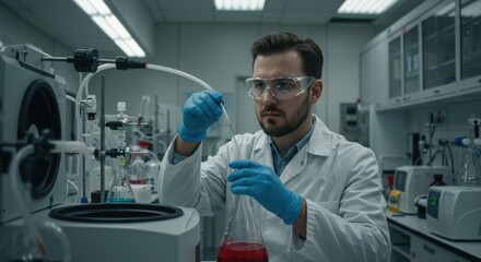 Scientist in laboratory conducting chemical experiment with glassware and equipment in background