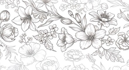 Floral Line Art Background with Detailed Flowers and Leaves Decoration