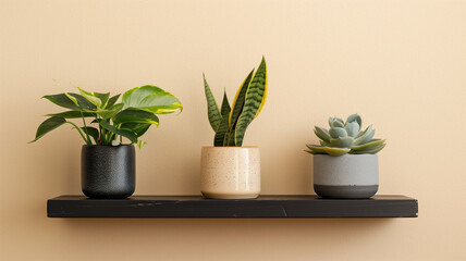 Three stylish ceramic potted plants on shelf