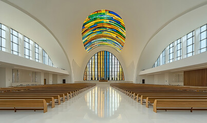 Fototapeta premium Modern church interior with stained-glass ceiling and expansive seating. Light floods the space