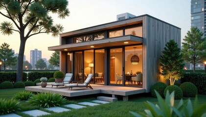 Luxury tiny house architectural model in urban setting, design, cityscape