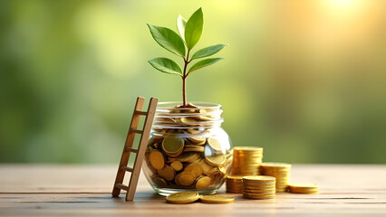 Financial Growth and Investment Concept with a Jar Full of Gold Coins, a Small Green Plant Sprouting, and a Wooden Ladder Symbolizing Wealth Accumulation, Savings, Passive Income, and Economic Success