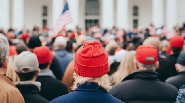 Rally of unity: A sea of people gather in a demonstration. An american flag in the sky. people wear red hat. captures the essence of collective action