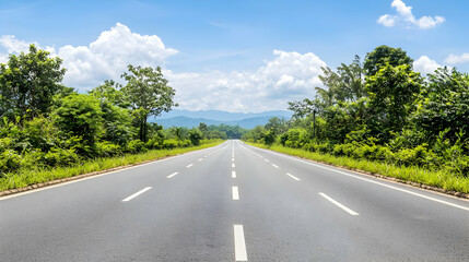 Fototapeta premium Straight Road Through Lush Green Trees Under a Bright Blue Sky with White Clouds in Daylight