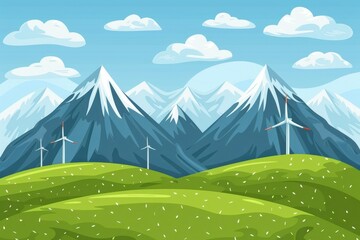 Fototapeta premium A vibrant landscape featuring green hills, majestic mountains, and wind turbines under a bright blue sky with fluffy clouds.