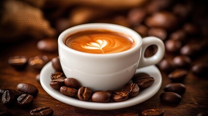 Fototapeta premium Aromatic Coffee Cup Surrounded by Roasted Beans