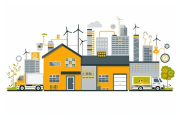 A colorful illustration depicting a modern industrial landscape with buildings, trucks, wind turbines, and various technological elements.