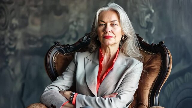 A confident senior businesswoman sitting in an elegant armchair, symbolizing success and leadership in business. She exudes professionalism and competence, making important decisions.
