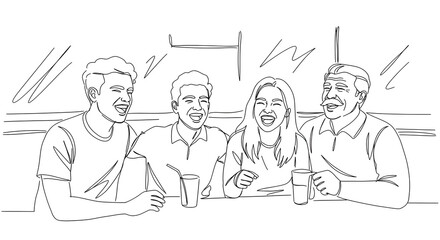 Friends laughing and enjoying drinks in a casual setting  