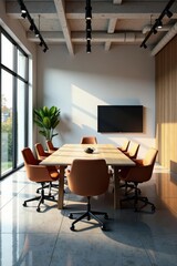 Fototapeta premium Spacious, modern conference room with high ceilings and large windows , geometry, light
