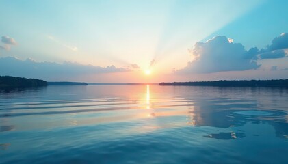 Calm lake surface, ripple patterns reflecting sky, shadow, wave