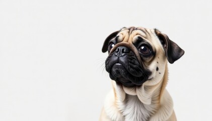 Charming pug, upright ears, intently gazing, pure white background, breed, animal, domestic