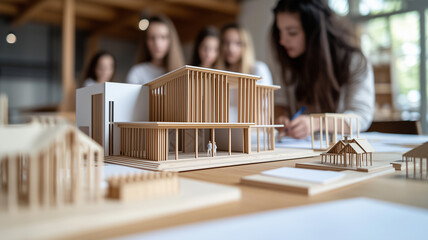 Miniature Architectural Model of Modern Building on Blueprints with Students in Background, Representing Planning, Design, and Learning Environment
