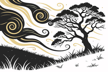 45 Ancient Japanese landscape, misty mountain peaks, pagoda silhouette, cherry blossom trees, samurai warriors, calm water reflection, traditional ink painting style, red and black accents, atmospheri