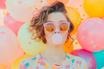 A creative summer concept featuring a young girl in sunglasses, blowing a bubble gum bubble, adorned with unique jewelry that showcases her personal style, exuding street fashion and fun summer vibes.