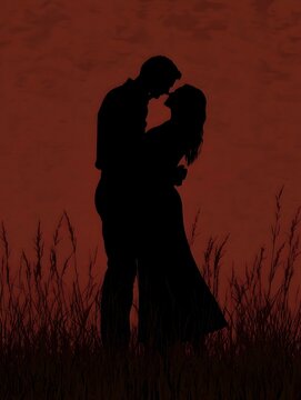 Silhouette of a couple embracing at sunset in a field of tall grass. Romantic, passionate, and evocative image perfect for Valentine's Day or anniversary projects.