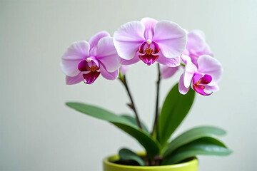 Delicate pink orchids blooming in a vibrant display, showcasing their elegant petals and rich purple centers against a soft, neutral background.