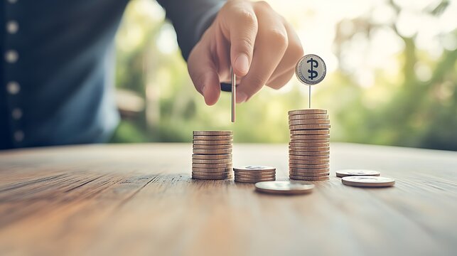 Hand placing coin on stack of coins