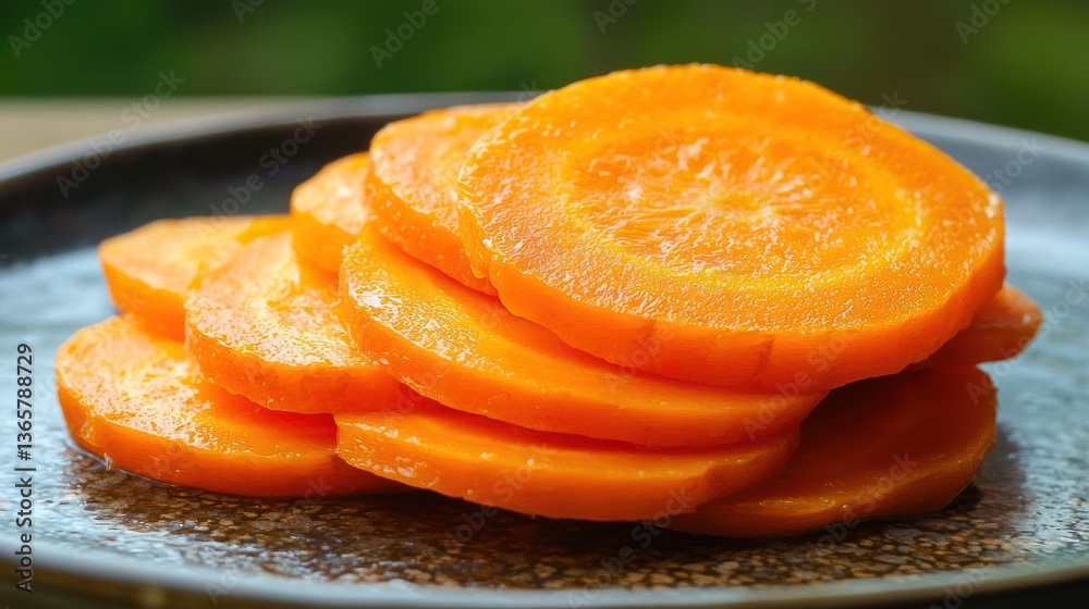 Poster Round carrot slices stacked on a plate 