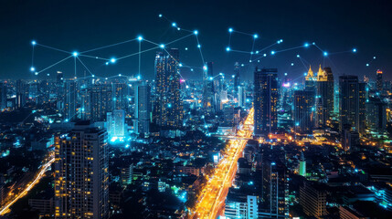 A futuristic smart city visualization featuring interconnected digital nodes, symbolizing a metaverse-inspired technology concept against Bangkok’s nighttime skyline